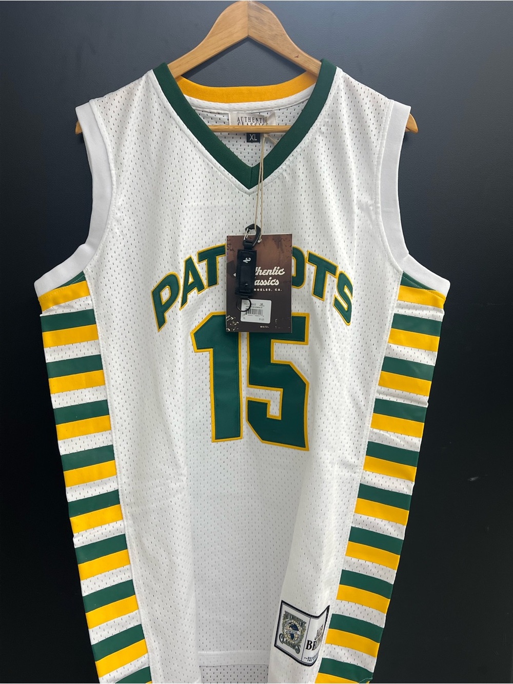Patriots #15 White Green Yellow Sleeveless Basketball Jersey